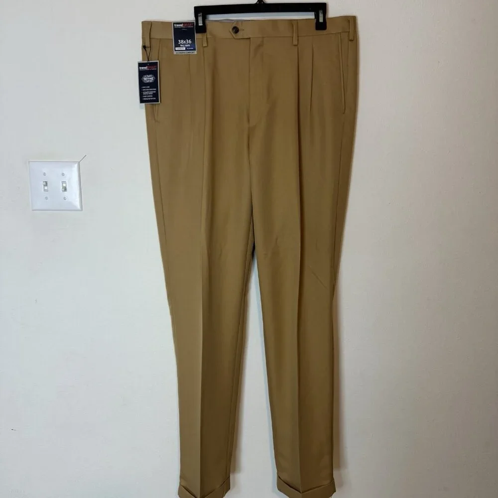 NWT Roundtree & Yorke Pants Travel Smart Mens Tall 38x36 Dress Tan Pleated - Picture 4 of 12